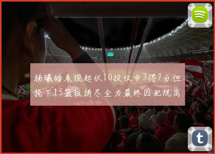 杨曦皓表现起伏10投仅中3得7分但抢下15篮板拼尽全力最终因犯规离场